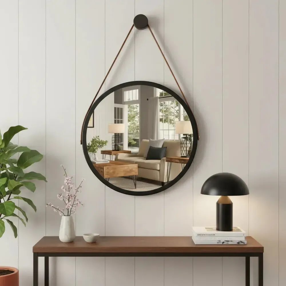 foto de Espelho Redondo Decorativo Suspenso Alça 60cm Cores Premium Preto | Alça Marrom