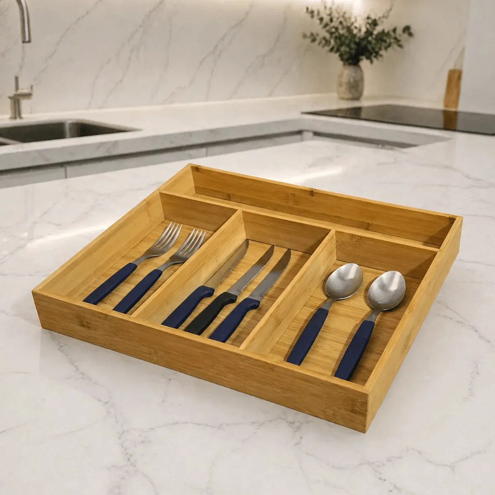 Organizador Porta Talheres Modular Bambu 4 Divisória Gaveta Bambu Natural