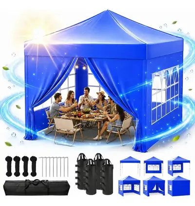 foto de Gazebo Sanfonado 3x3m+4 Tenda Dobrável Impermeável Com 4 Paredes Proteção Uv Para Camping Praia Jardim Churrasco Festa Evento Feiras Barraca Retrátil Estrutura Reforçada Ao Ar Livre Azul