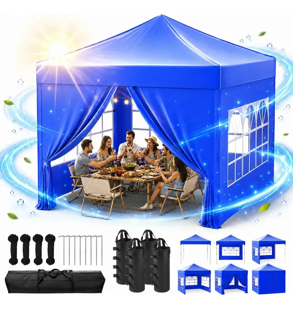 foto de Gazebo Sanfonado 3x3m+4 Tenda Dobrável Impermeável Com 4 Paredes Proteção Uv Para Camping Praia Jardim Churrasco Festa Evento Feiras Barraca Retrátil Estrutura Reforçada Ao Ar Livre Azul