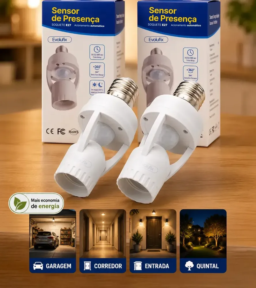 foto de Kit 2 Sensor De Presença Lâmpada Soquete E27 Iluminação Fotocélula Movimento Infravermelho Apaga Sozinho Detecta Movimentos Externo E Interno Bocal Automático Branco