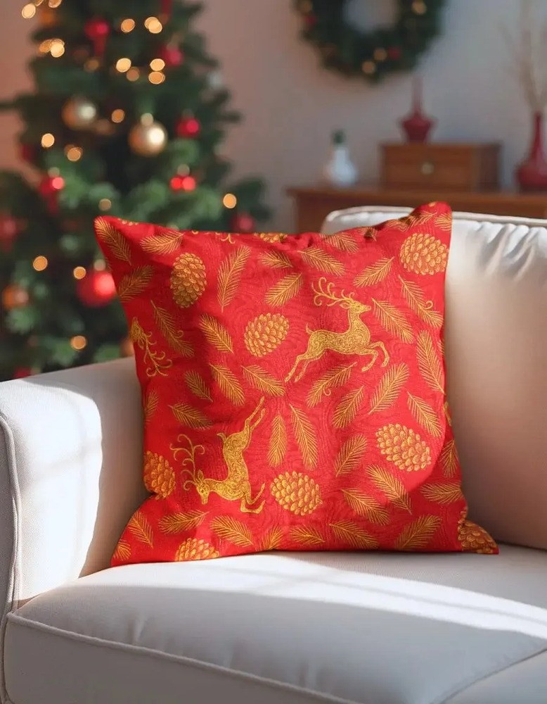 Almofada Natalina Natal 45cm C/ Enchimento Vermelha Jacquard Vermelho Renas