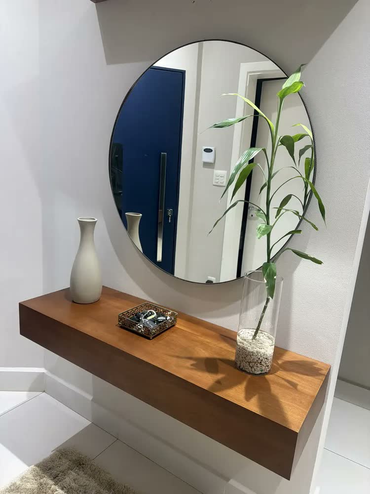 foto de Espelho 90cm Gigante Redondo Com Moldura Borda Couro Adnet Moldura Marrom-escuro