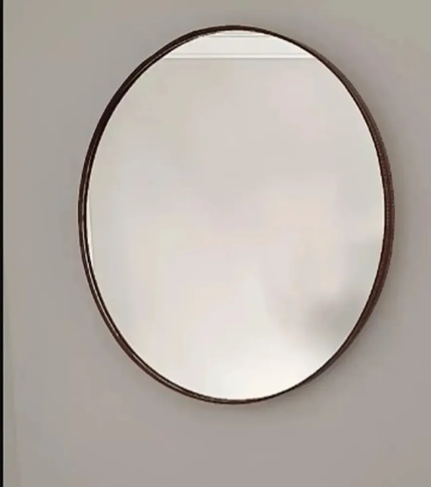 Espelho 90cm Gigante Redondo Com Moldura Borda Couro Adnet Moldura Marrom-escuro