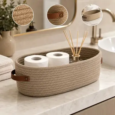 foto de Cesto Organizador Multiuso Em Algodão Trançado Decorativo Premium Com Alças De Couro Para Brinquedos E Roupas