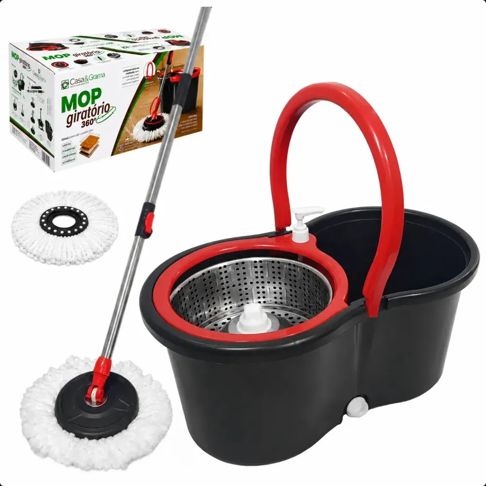 foto de Mop Esfregão Giratório Balde Inox 13 Litros 2 Refis Microfibra Cabo Longo 1,4 Metros Casa&Grama