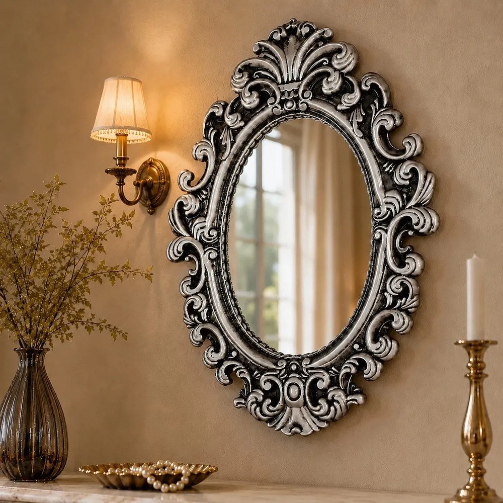 Espelho Provençal Oval Decoração Parede Enfeites Lavabo Moldura Prata Antigo