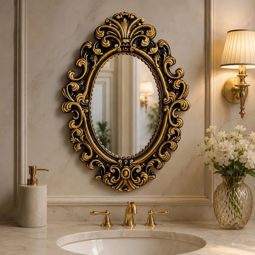 Espelho Provençal Oval Decoração Parede Enfeites Lavabo Moldura Ouro velho