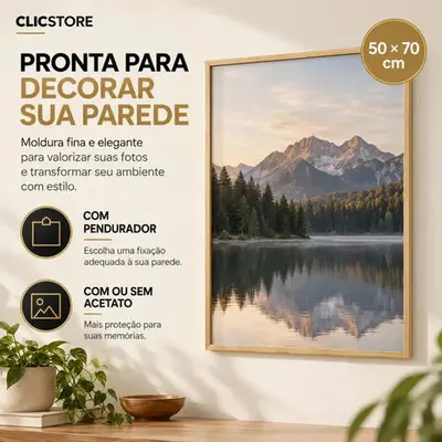 foto de Moldura 50x70 com Acetato para Poster Quadros Foto Fotografia Diploma Quebra Cabeça Sala Quarto Clic Store Cor Marrom